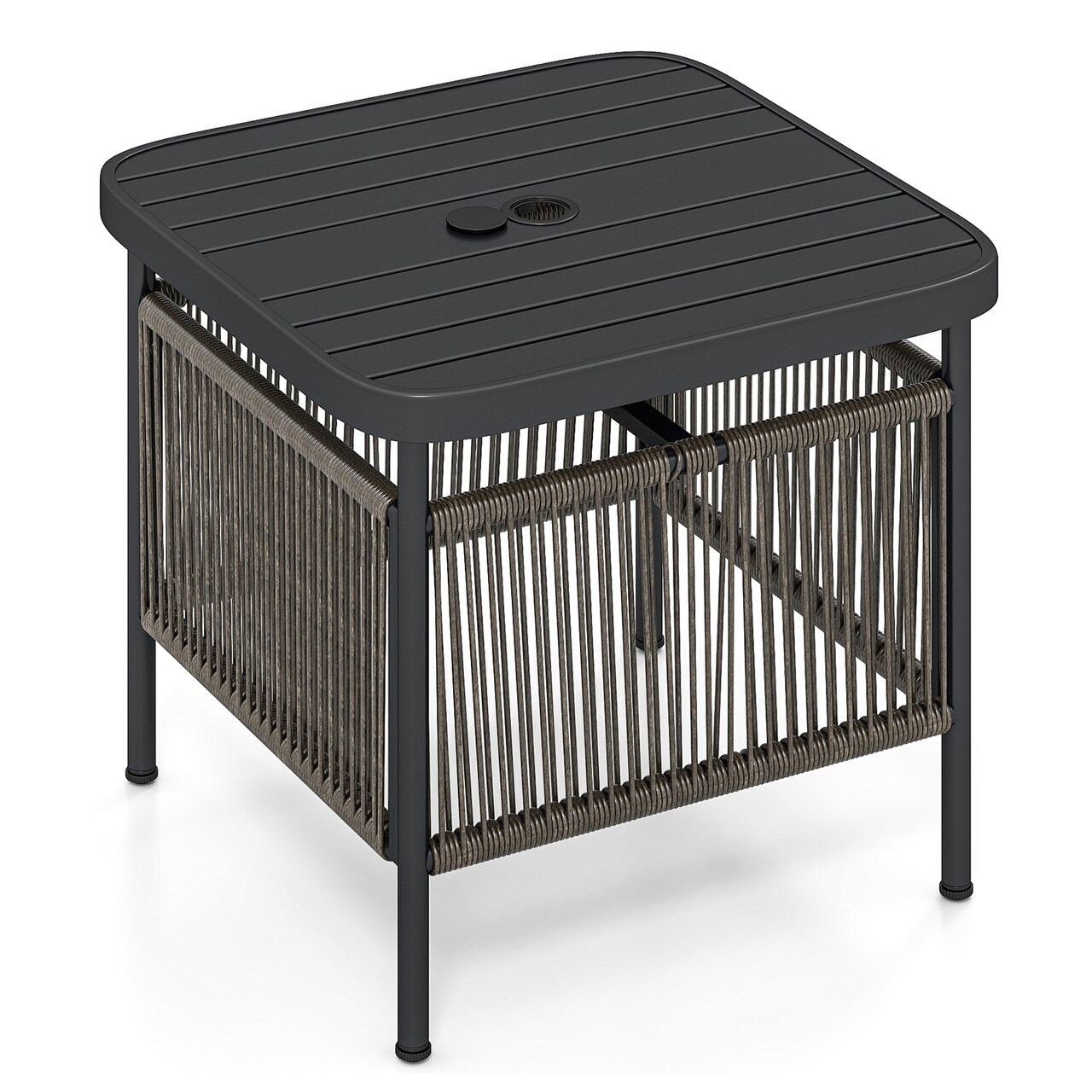 2 Tier Outdoor Side Table with Umbrella Hole Metal Patio End Table Black and Natural